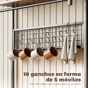 Estantería de Cocina con Tres Enchufes y Luces LED, Estantería de Panadería Industrial con Estantes para Microondas, Cesta de Malla Metálica, Ganchos, Barra 80x42x162 cm, Marrón Rústico y Negro