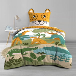 Parure de lit enfant 2 pièces 100 % coton imprimé animaux de la jungle housse + taie - Jaune