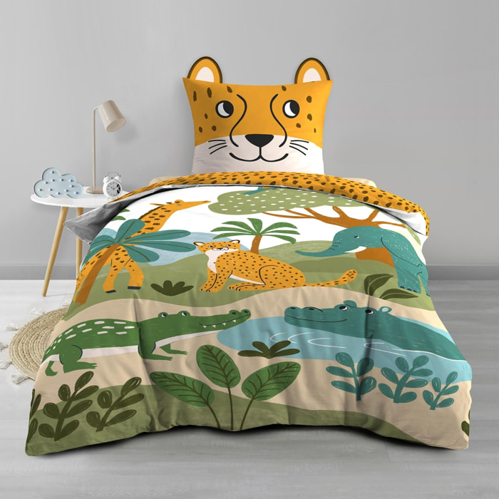 Parure de lit enfant 2 pièces 100 % coton imprimé animaux de la jungle housse + taie - Jaune
