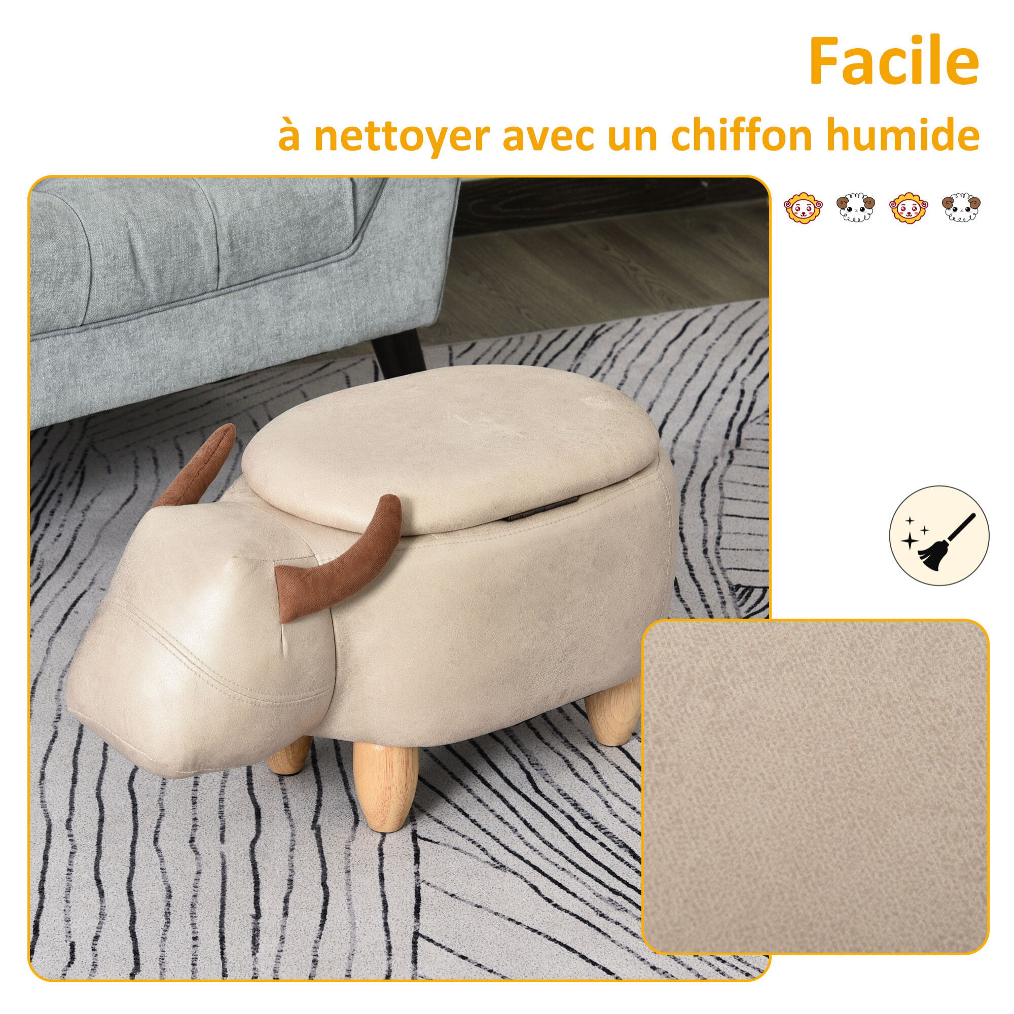 Tabouret vache - pouf vachette - pouf taureau coffre de rangement 2 en 1 - pieds bois d'hévéa revêtement synthétique crème