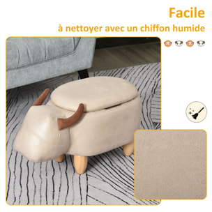 Tabouret vache - pouf vachette - pouf taureau coffre de rangement 2 en 1 - pieds bois d'hévéa revêtement synthétique crème
