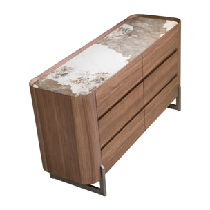 Cómoda de madera chapada en nogal natural y patas de acero inoxidable oscuro metalizado 145x45x78cm