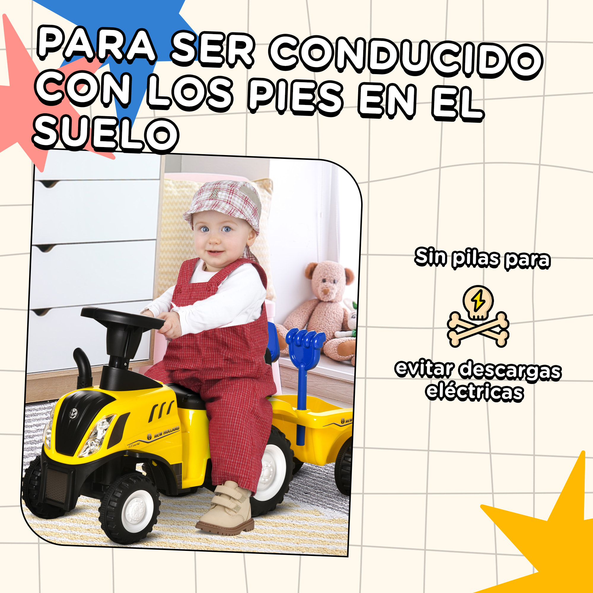 Tractor sin Pedales para Niños de 12-36 Meses con Remolque Extraíble Coche Correpasillos con Bocina Faros Pala Asiento de Suelo 25 cm y Rastrillo Carga 25 kg 91x29x44 cm Amarillo