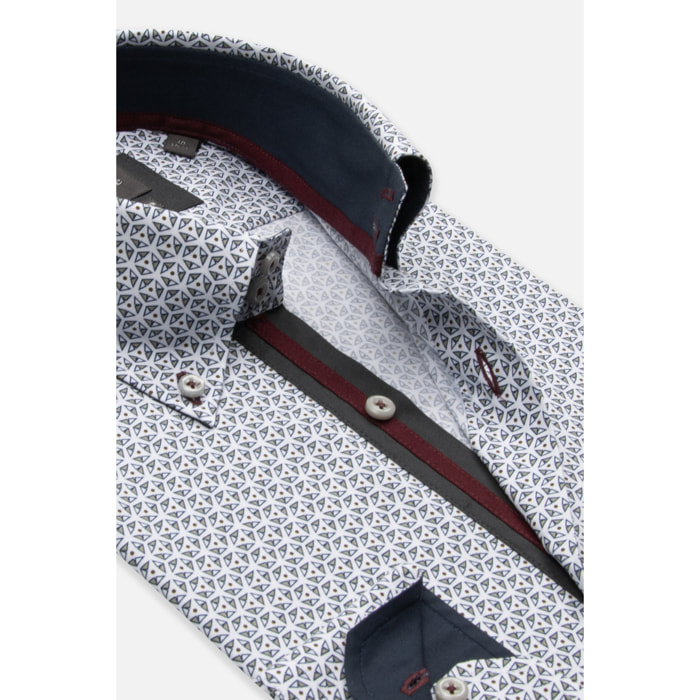 Camicia Uomo 2 Bottoni Button Down Slim Popeline Stretch Stampato Bianco e Blu