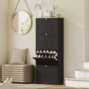 Meuble à chaussures 4 portes battantes style classique chic aspect bois clair noir