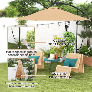 Parasol Excéntrico Ø 290 cm Sombrilla de Jardín con Base Cruzada Manivela Funda para Sombrilla y Cuerda de Viento Anti-UV 50+ Sombrilla para Terraza Patio Caqui