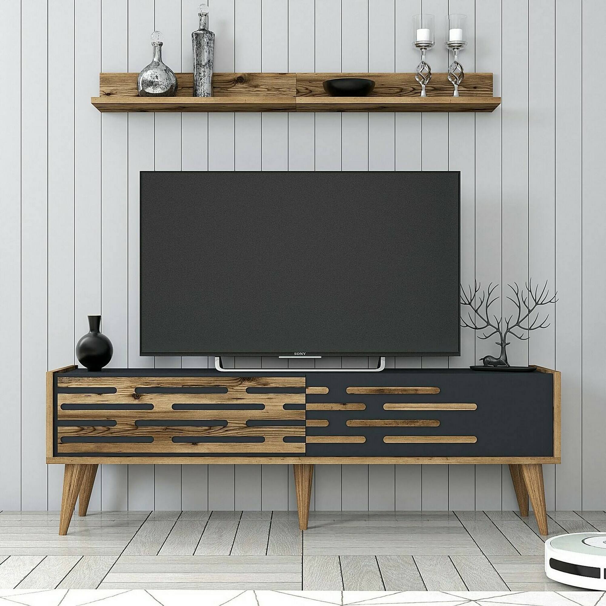 Mobile porta TV Daanesta, Credenza da soggiorno, Armadio basso per TV, Base parete attrezzata, 140x45h35 cm, Noce e Antracite