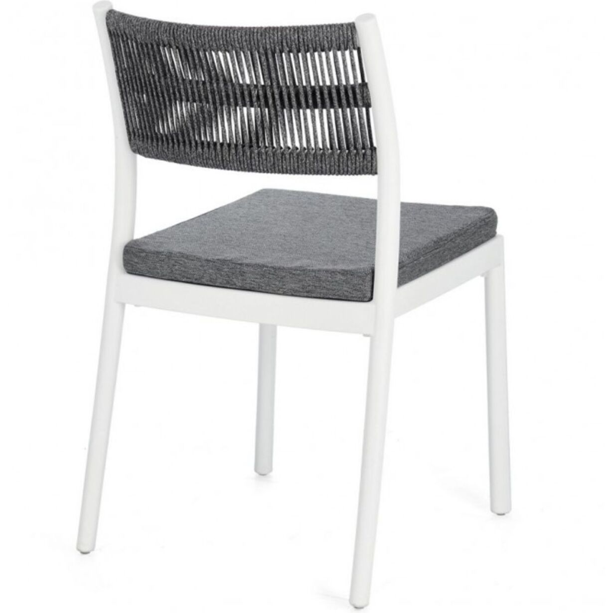 Set di 4 sedie ALVIN in polipropilene bianco e corda intrecciata grigio scuro, impilabili