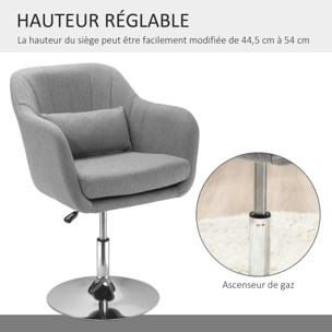 Fauteuil lounge design grand confort coussins lombaires hauteur réglable pivotant 360° piètement métal chromé lin gris