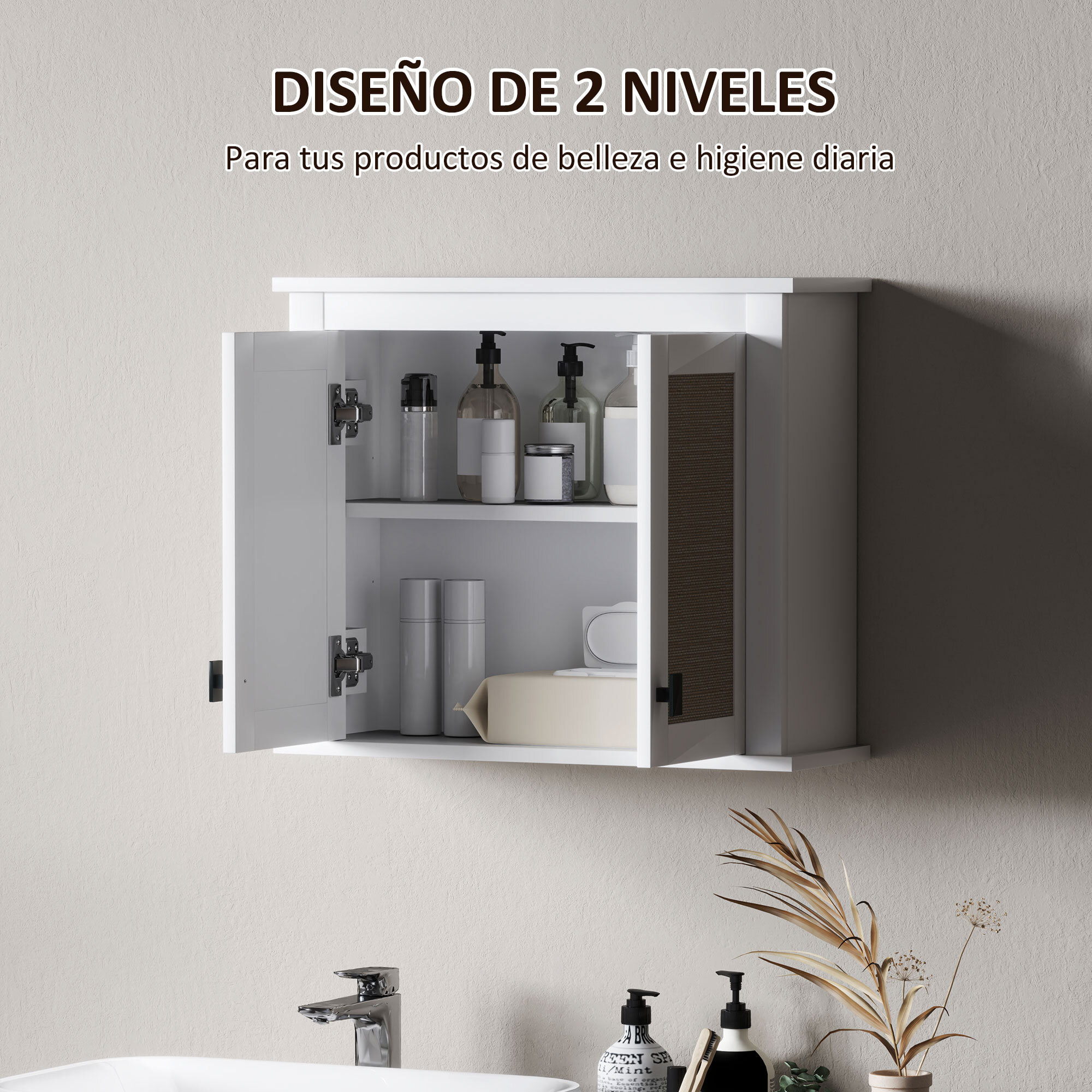 Armario de Pared para Baño Multiusos Mueble de Baño Suspendido Armario Colgante de Almacenamiento con 2 Puertas de Ratán PE Estante Ajustable 60x19,5x49,4 cm Blanco