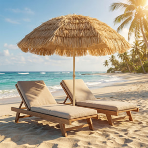 Parasol de plage inclinable design Hawaï 185 cm raphia artificiel kaki beige