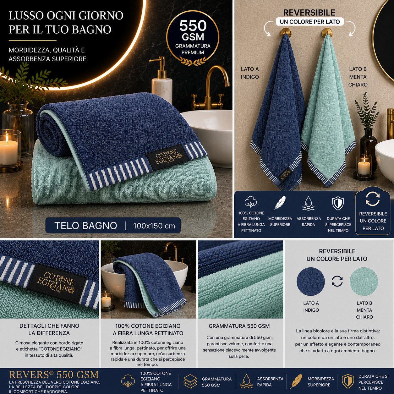 COTONE EGIZIANO Telo bagno Reverse in cotone egiziano 550 gr_Black Gold