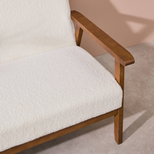 Canapé banquette 2 places et fauteuil tissu bouclette. pieds teinté noyer clair