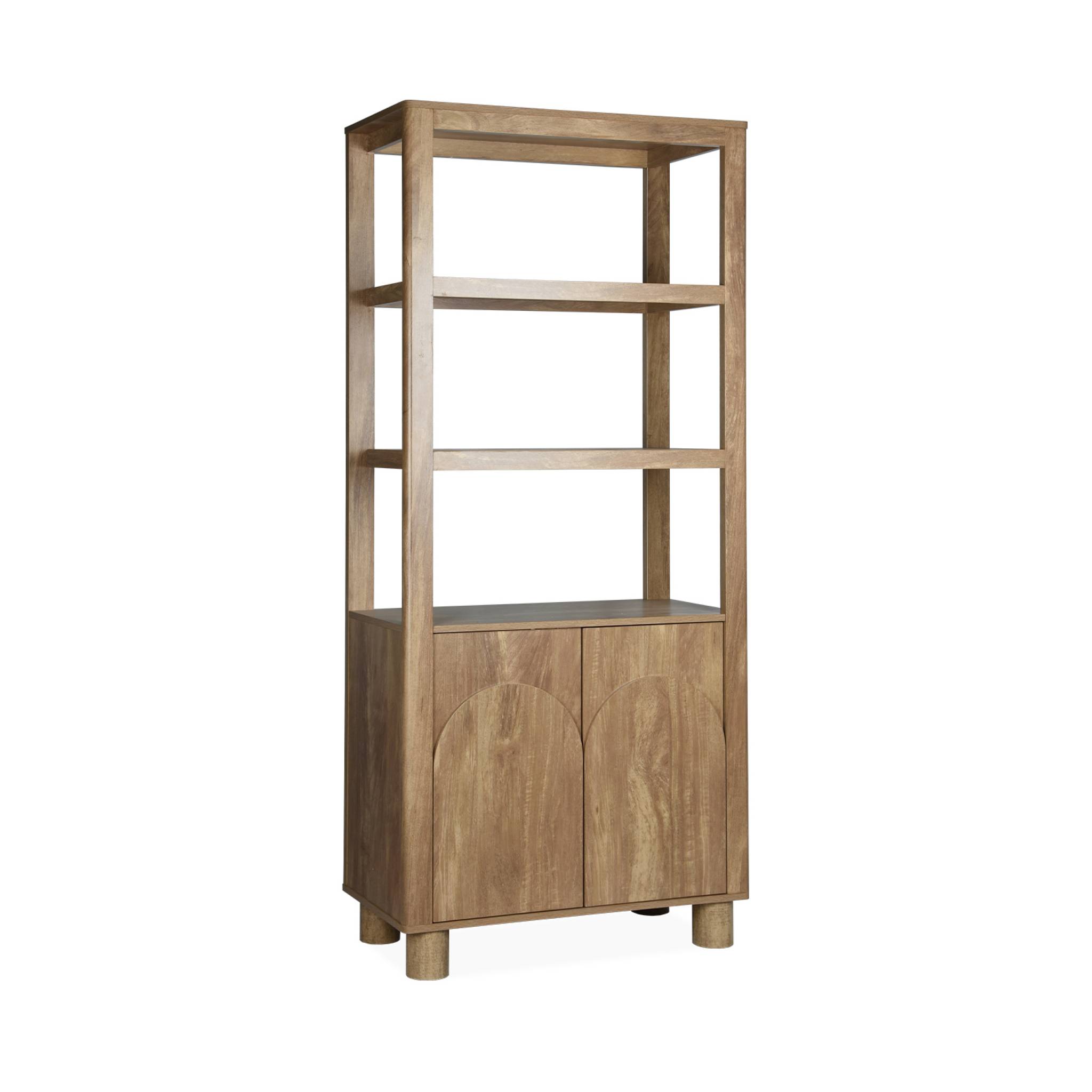 Etagère bibliothèque exotique effet bois de manguier 6 niveaux (4 étagères) et 2 portes