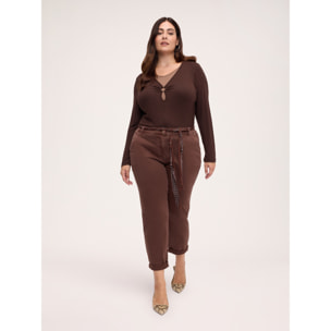 Fiorella Rubino - T-shirt bimaterica con inserto scollo a V - Marrone