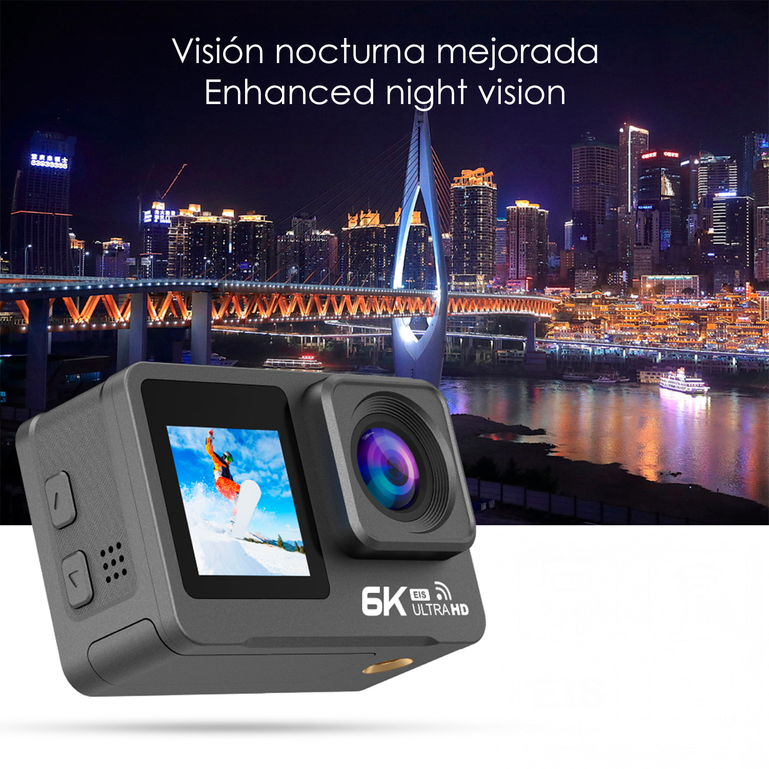 Camera Sportiva M82 TR 6k 30fps con 47,75 mpx, doppio schermo da 2" e 1.3" con una moltitudine di accessori sportivi e WIFI.
