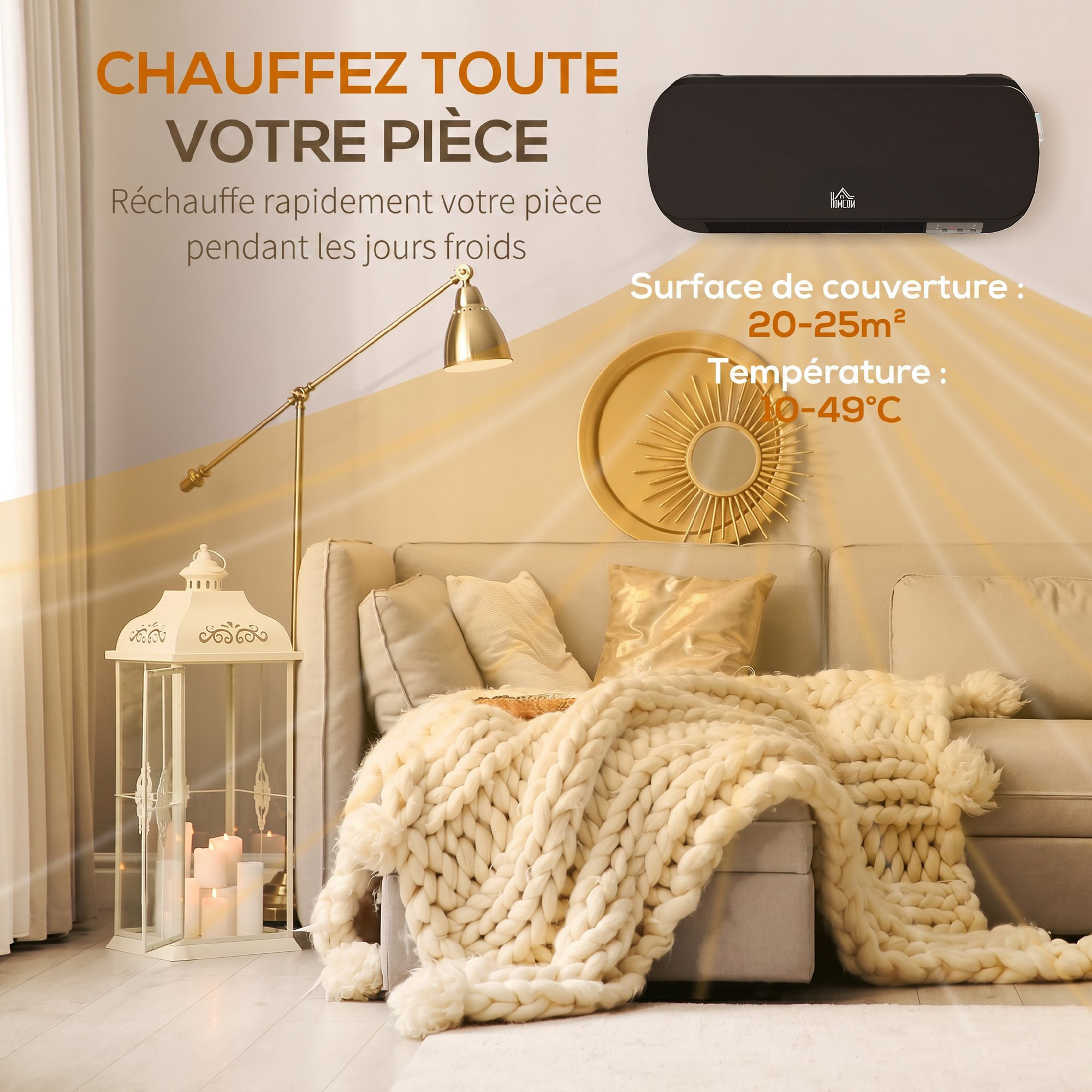 Radiateur mural soufflant 2000 W - chauffage céramique PTC - 3 niveaux de puissance - télécommande incluse noir