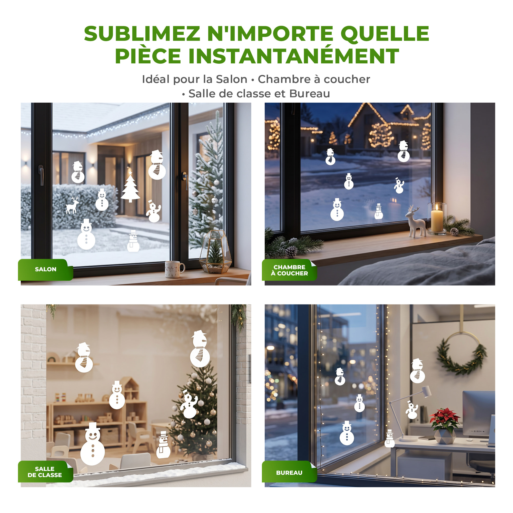 Stickers électrostatiques bonhommes de Noël - Autocollants adhésifs fenêtres noël - décoration fêtes