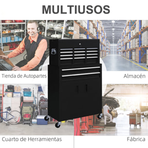 Carro de Herramientas con Baúl Superior, 2 en 1, Carro de Taller con 6 Cajones, Armario, Cerradura, 4 Ganchos, 2 Ruedas con Freno de Bloqueo, para Garaje, Hogar, Negro