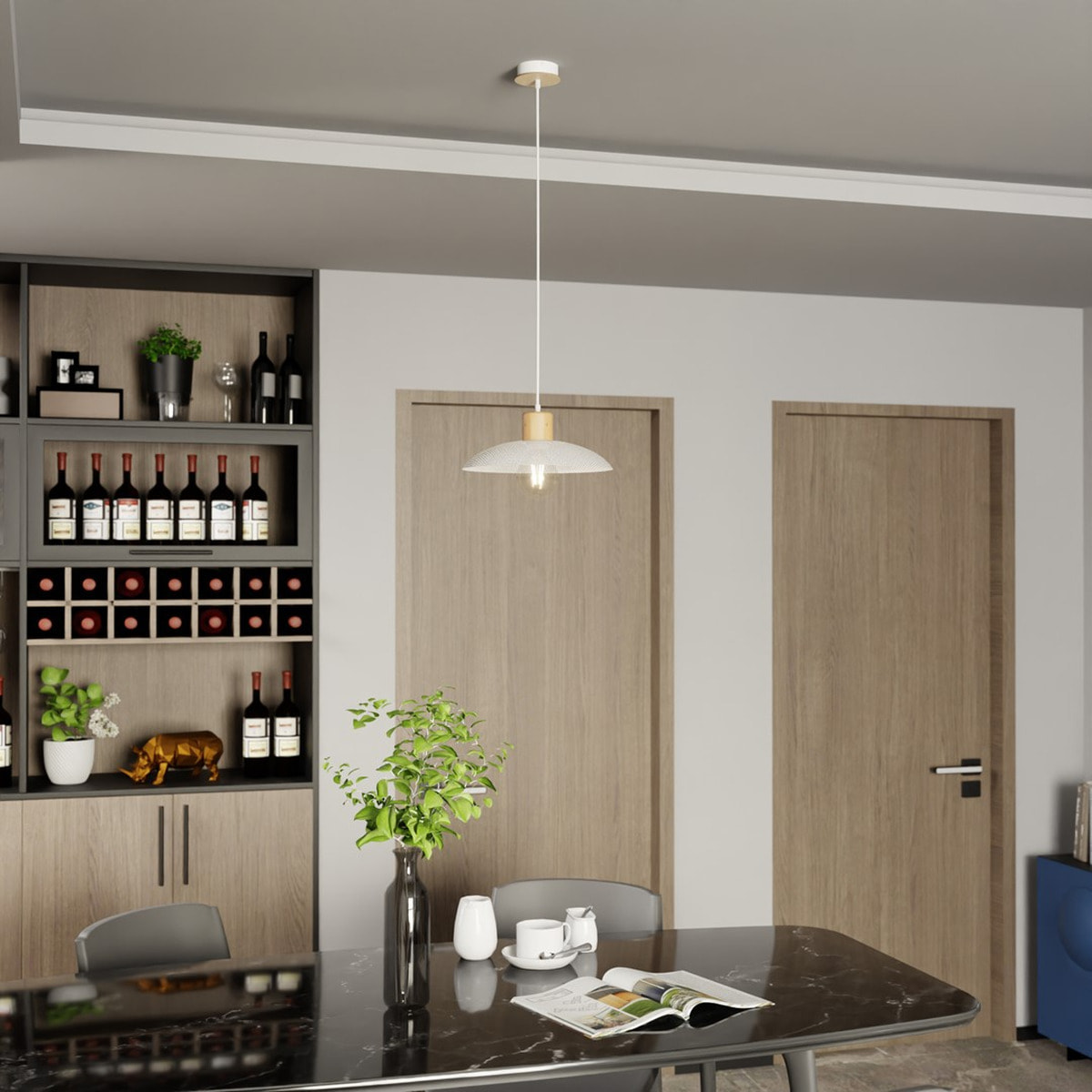 Lampada a sospensione KOBE in acciaio bianco e legno naturale