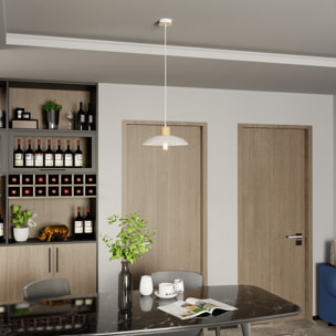 Lampada a sospensione KOBE in acciaio bianco e legno naturale