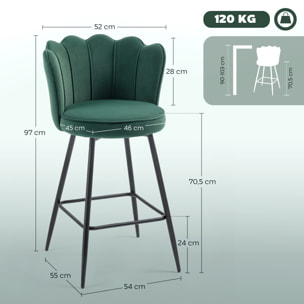 Lot de 2 tabourets de bar velours design coquillage assise H.70cm repose-pieds vert