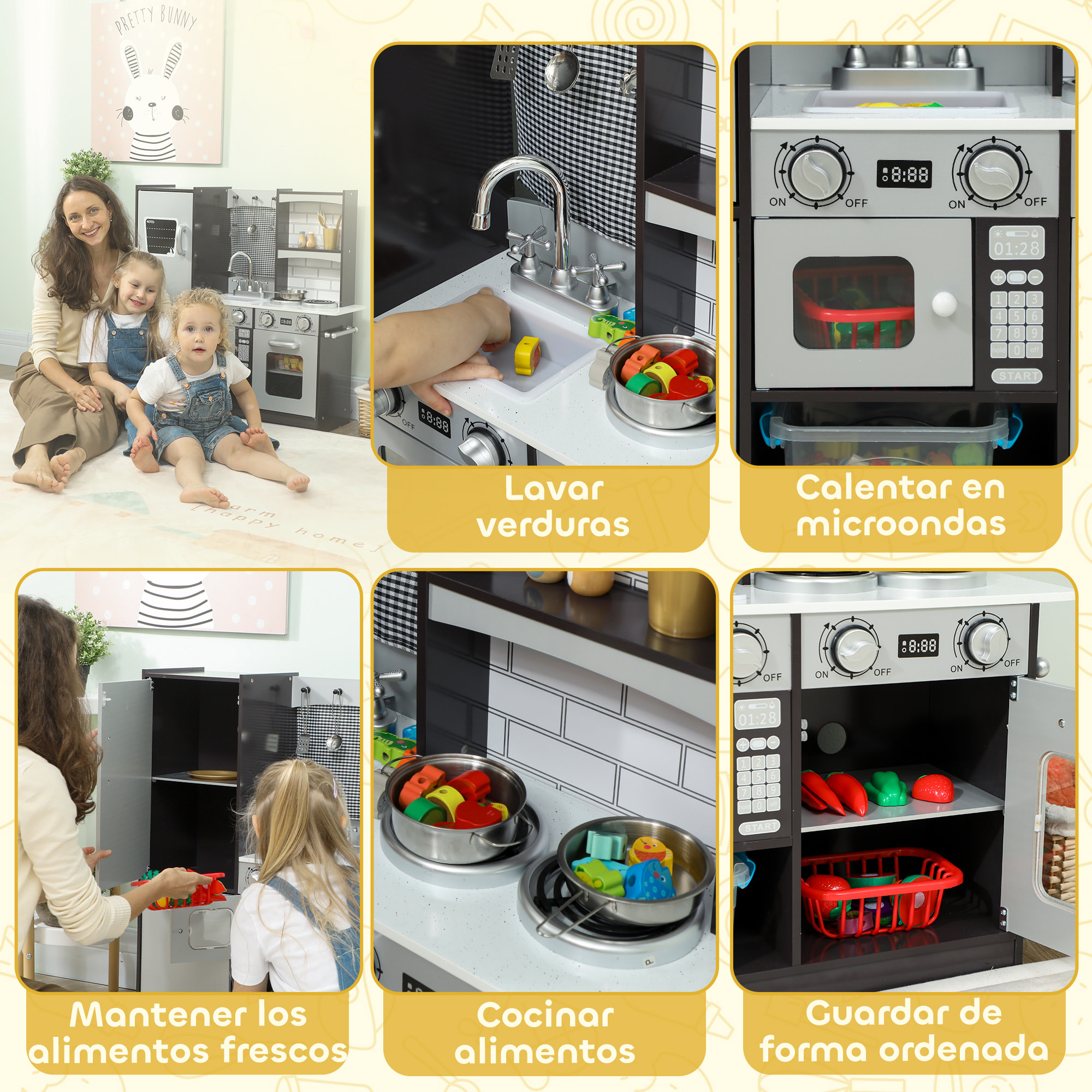 Cocina de Juguete de Madera con Sonido, Cocinita Infantil con Accesorios de Acero Inoxidable, Nevera, Microondas, Fregadero, Juguetes para Niños a Partir de 3 Años, Marrón Oscuro