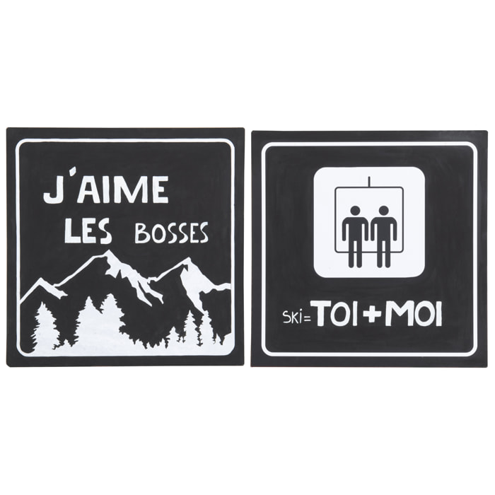 J-Line Pancarte Carre Montagne/Telesiege Metal Noir/Blanc Assortiment De 2