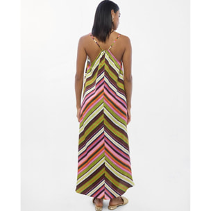 Abito in raso con spalline sottili e stampa multi-righe