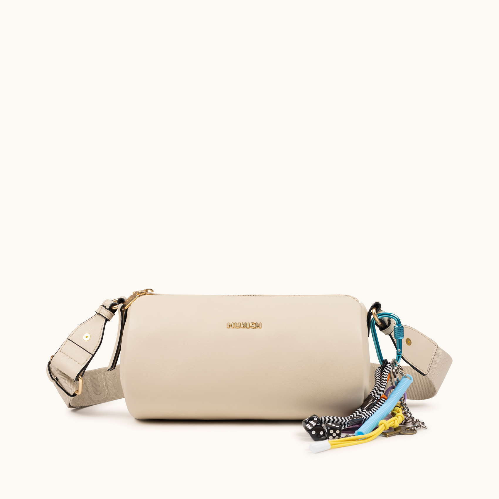 Bandolera Cilíndrica Color Crema con Charms y Asa Técnica CHARMS CROSSBODY BARREL CREAM