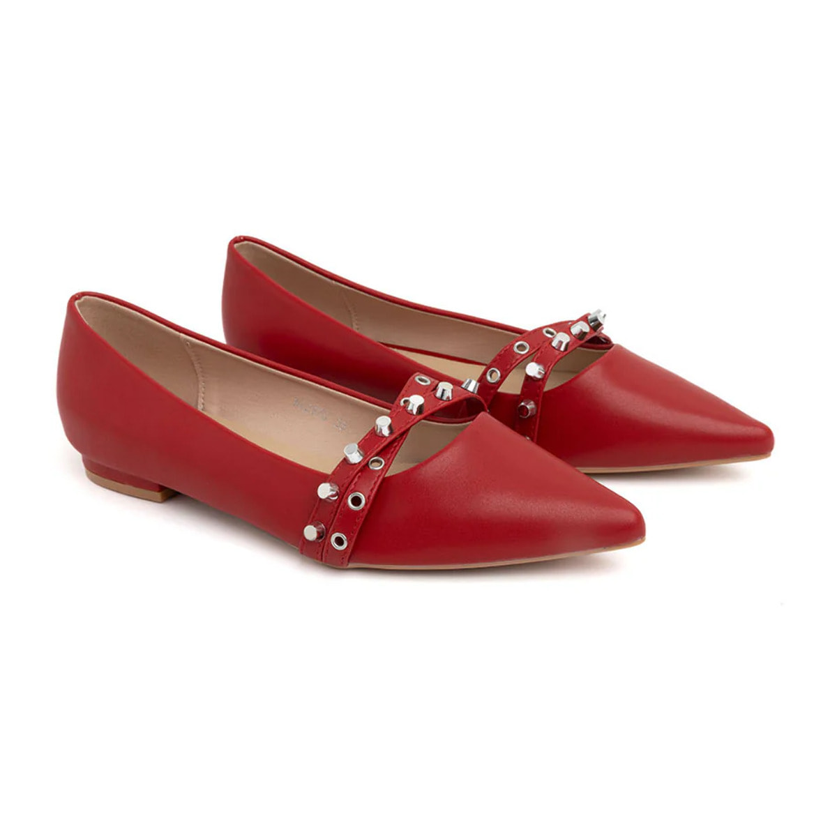 Ballerina con doppio cinturino borchiato - ROSSO