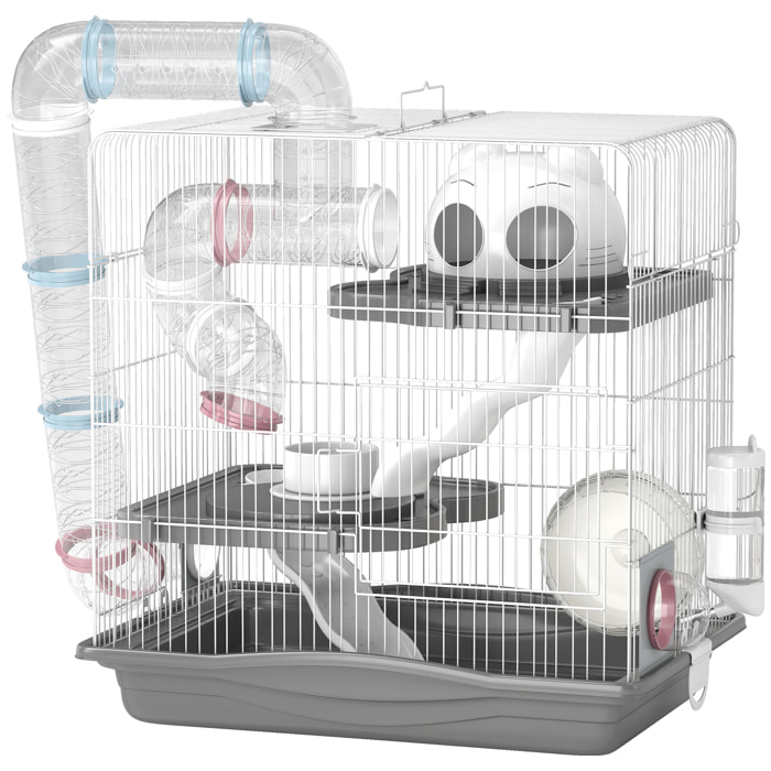 Cage rongeur hamster 3 niveaux cabane roue tunnel toboggan biberon mangeoire 45 x 30 x 45 cm blanc gris