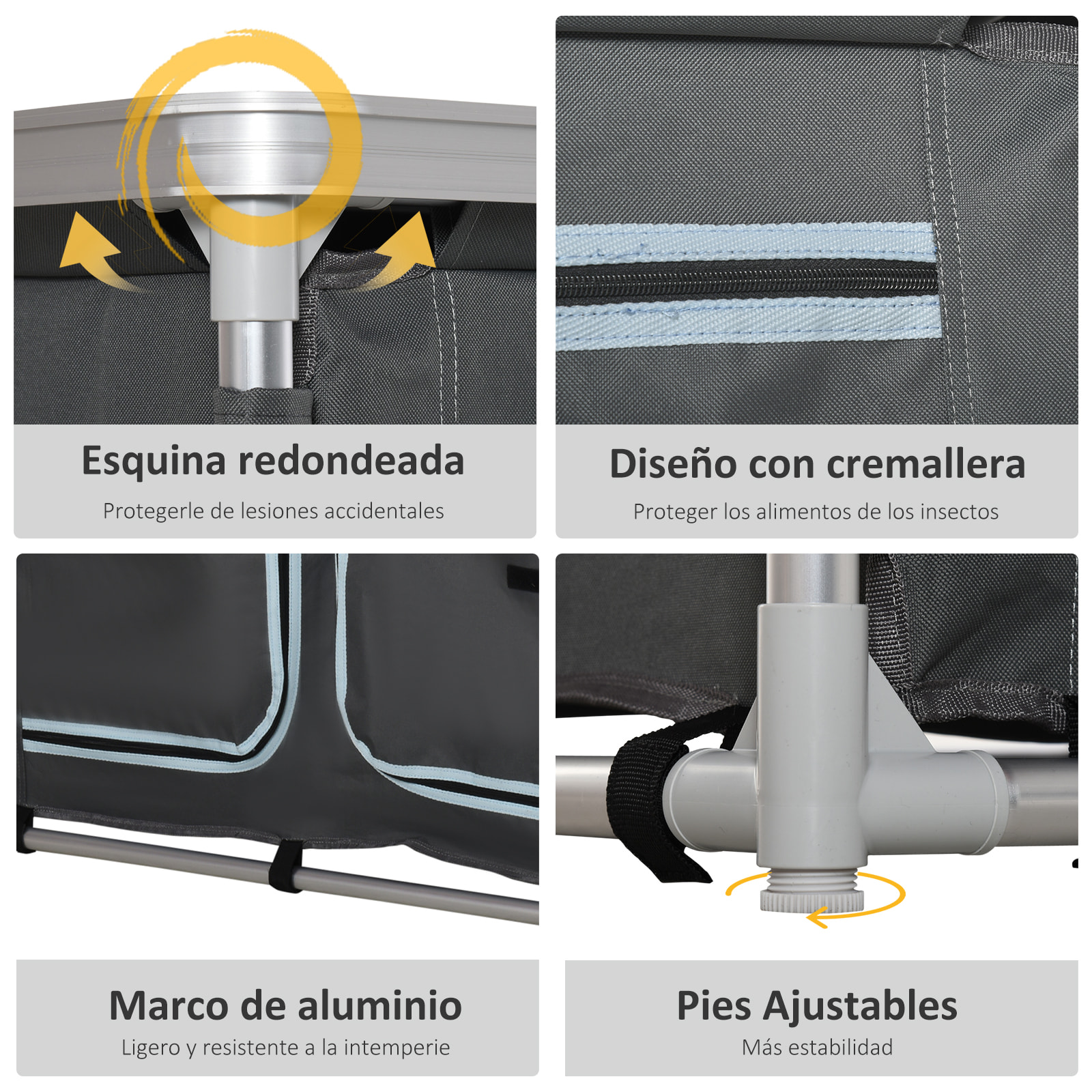 Armario de Camping Plegable Mueble de Cocina para Camping con 3 Estantes Compartimento Puerta con Cremallera Estructura de Aluminio y Bolsa de Transporte para Exterior 96x49,5x104 cm Gris