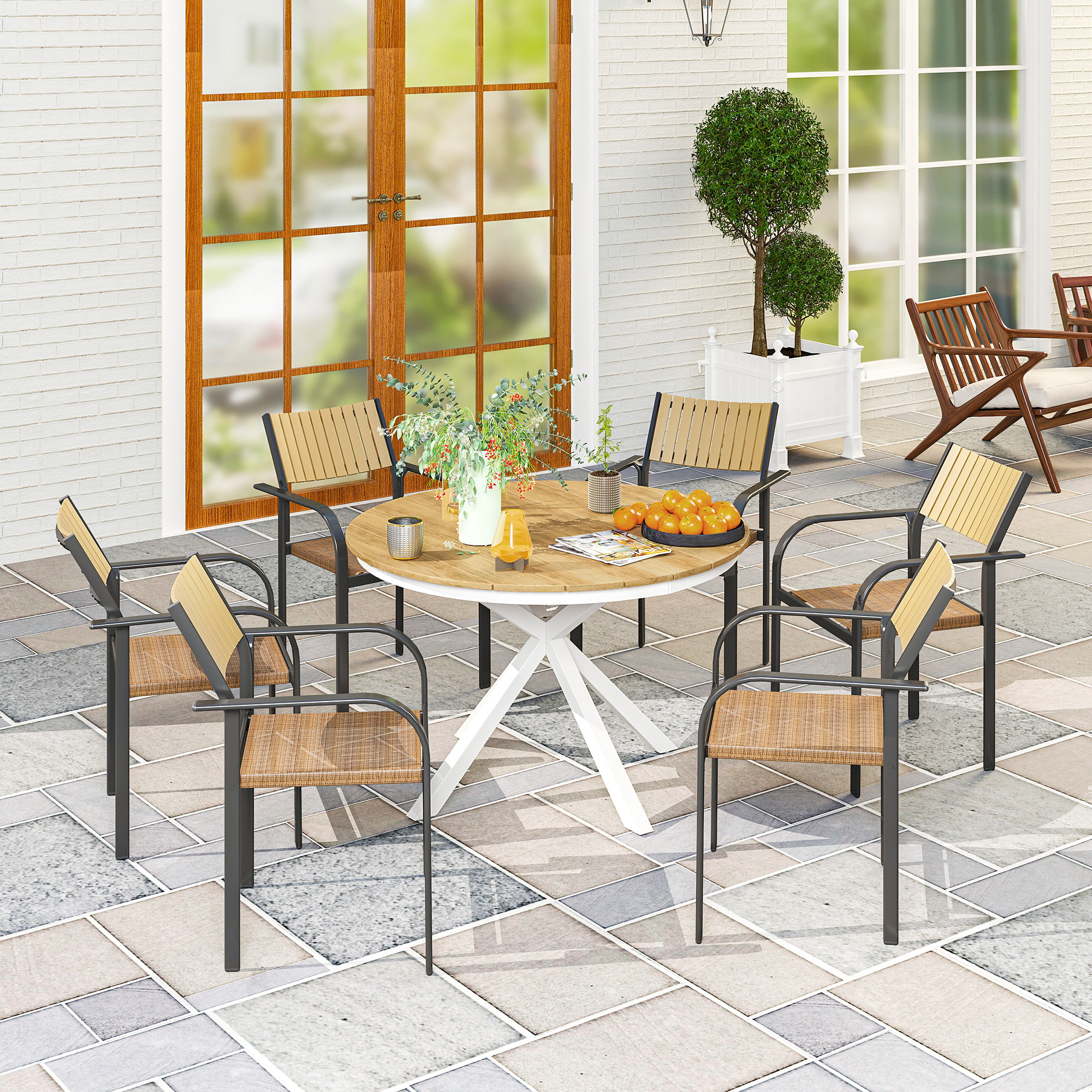 Mesa de Jardín Redonda Mesa de Terraza Exterior Ø118x74 cm con Estructura de Aluminio Patas Cruzadas y Encimera de Listones Carga 70 kg para Patio Balcón Teca