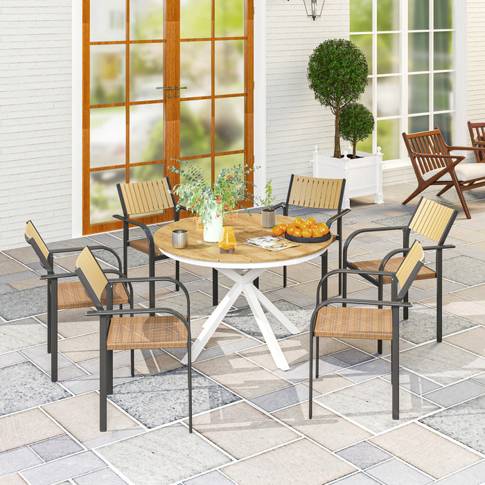 Mesa de Jardín Redonda Mesa de Terraza Exterior Ø118x74 cm con Estructura de Aluminio Patas Cruzadas y Encimera de Listones Carga 70 kg para Patio Balcón Teca