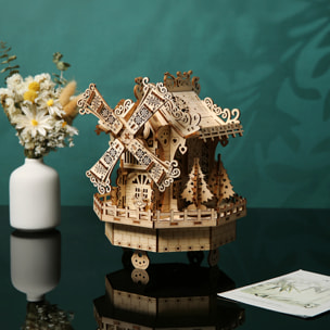 Maqueta de Madera 3D, con movimiento mecánico diseño cabaña élfica con luz y música. 140 piezas.
