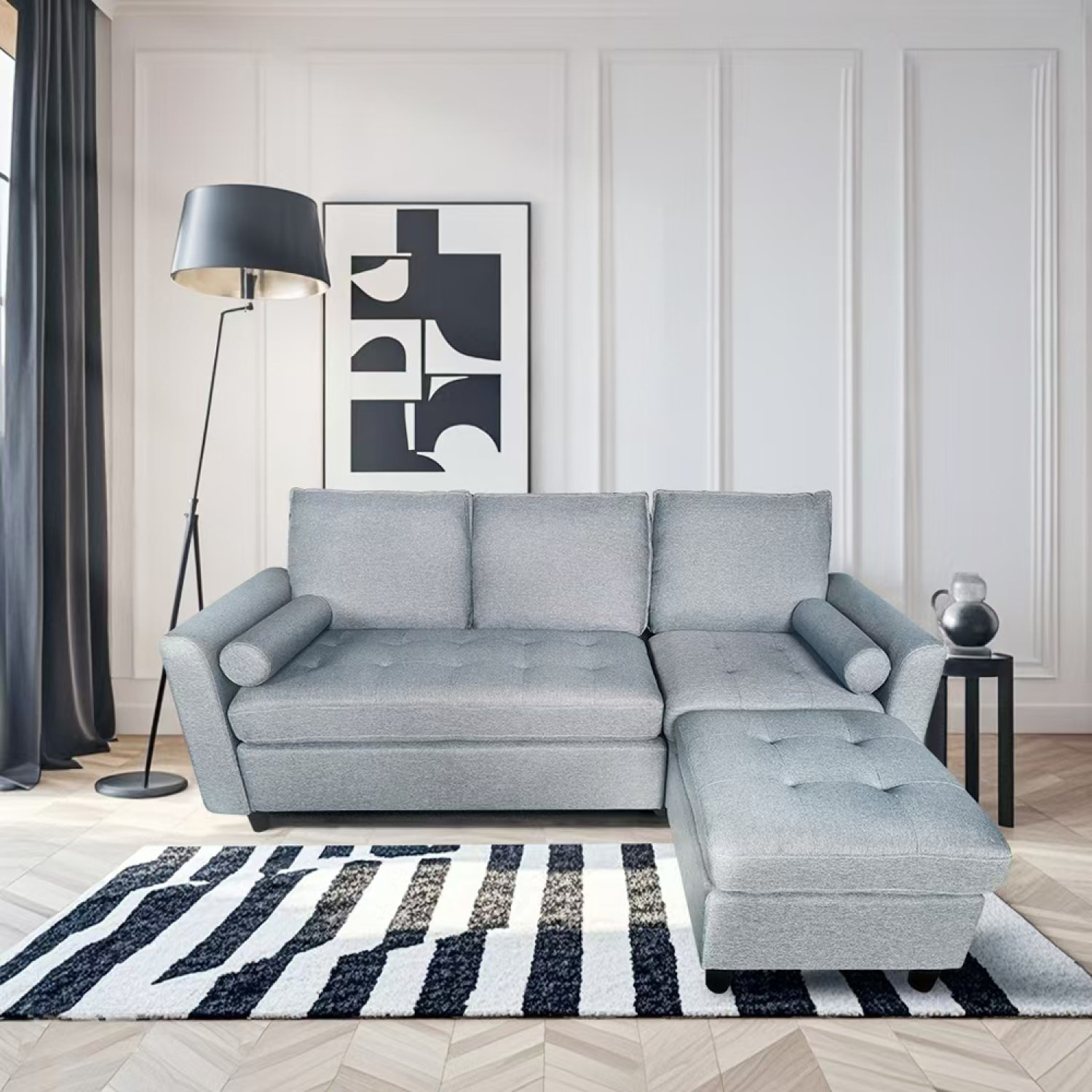 CHARLES - Canapé 3 places en tissu avec pouf gris clair