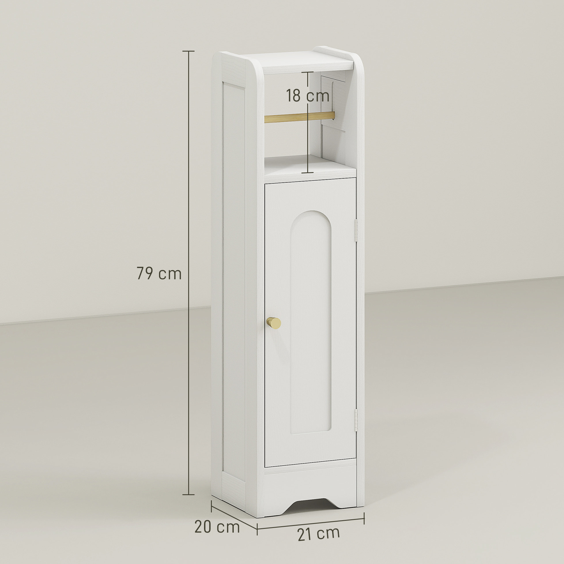 Armario de Baño Estrecho Mueble Auxiliar de Baño 21x20x79 cm con Estante Ajustable Portarrollos de Papel Extraíble y Puerta con Panel Arqueado para Espacios Pequeños Blanco