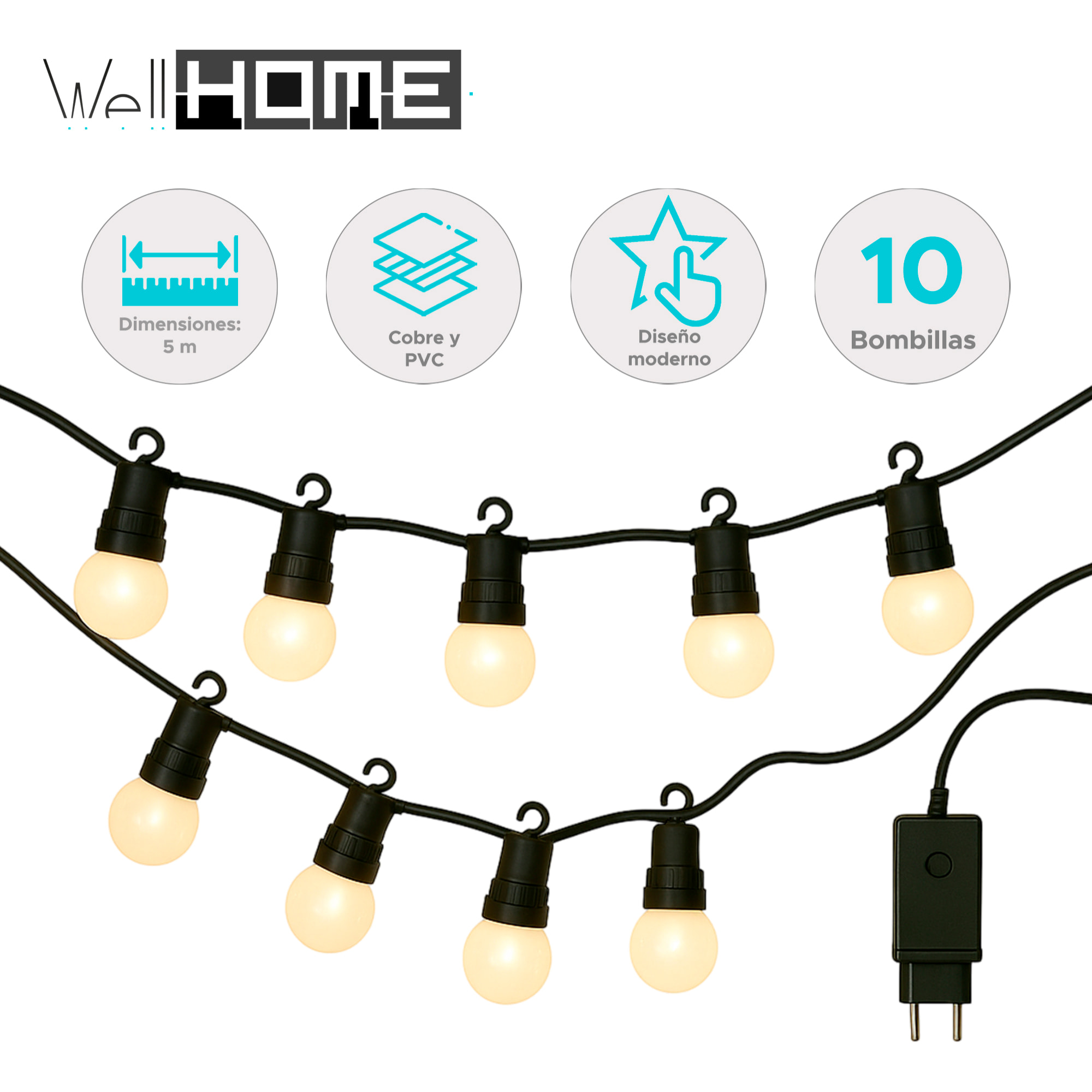 Guirnalda de luces led blancas cálidas para interiores - diseño moderno y elegante, cable de 5m con temporizador incluido