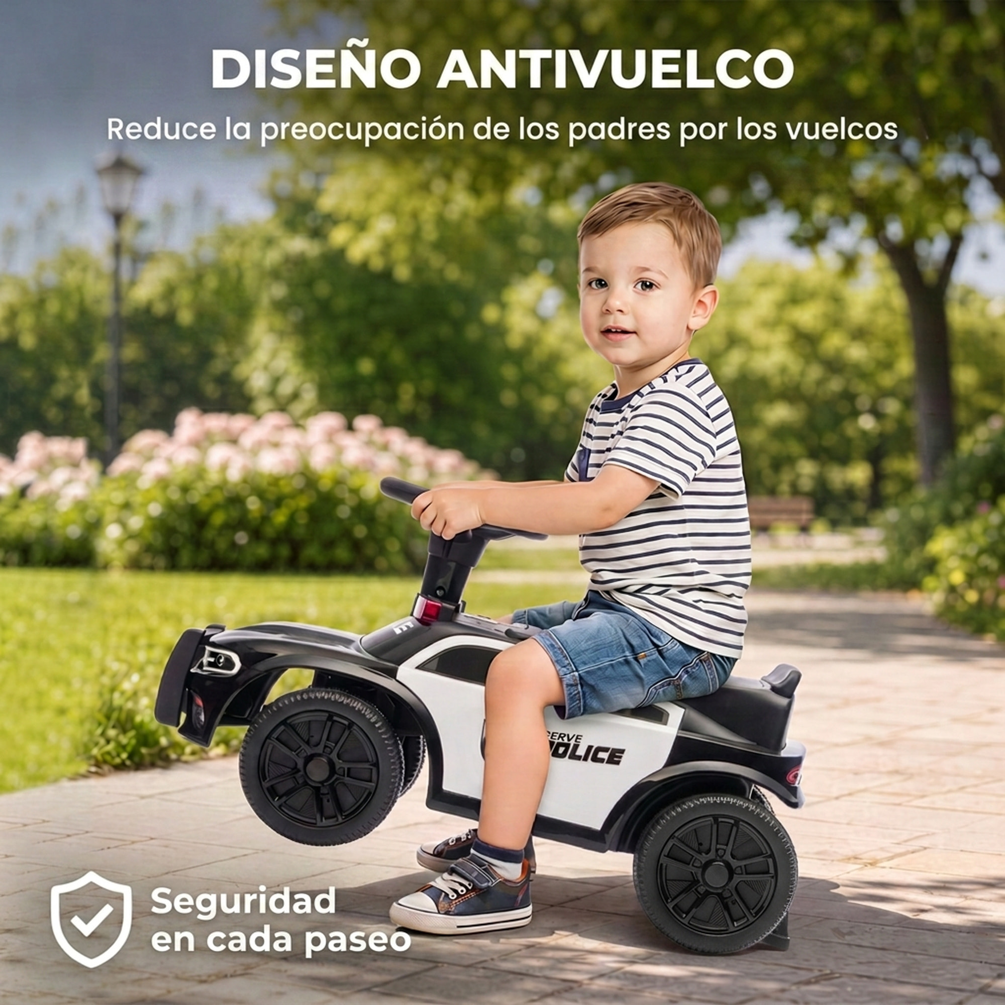 AIYAPLAY Coche Correpasillos de Policía para Niños de 18-36 Meses, Correpasillos con Luz, Música y Espacio de Almacenaje, 65x29,5x36 cm, Negro