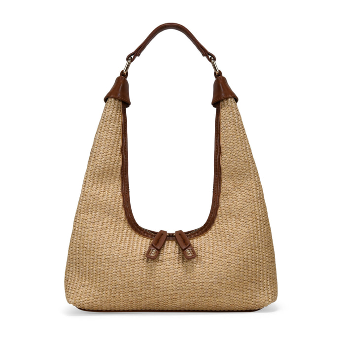 Bolso de hombro tostado en rafia con cremallera