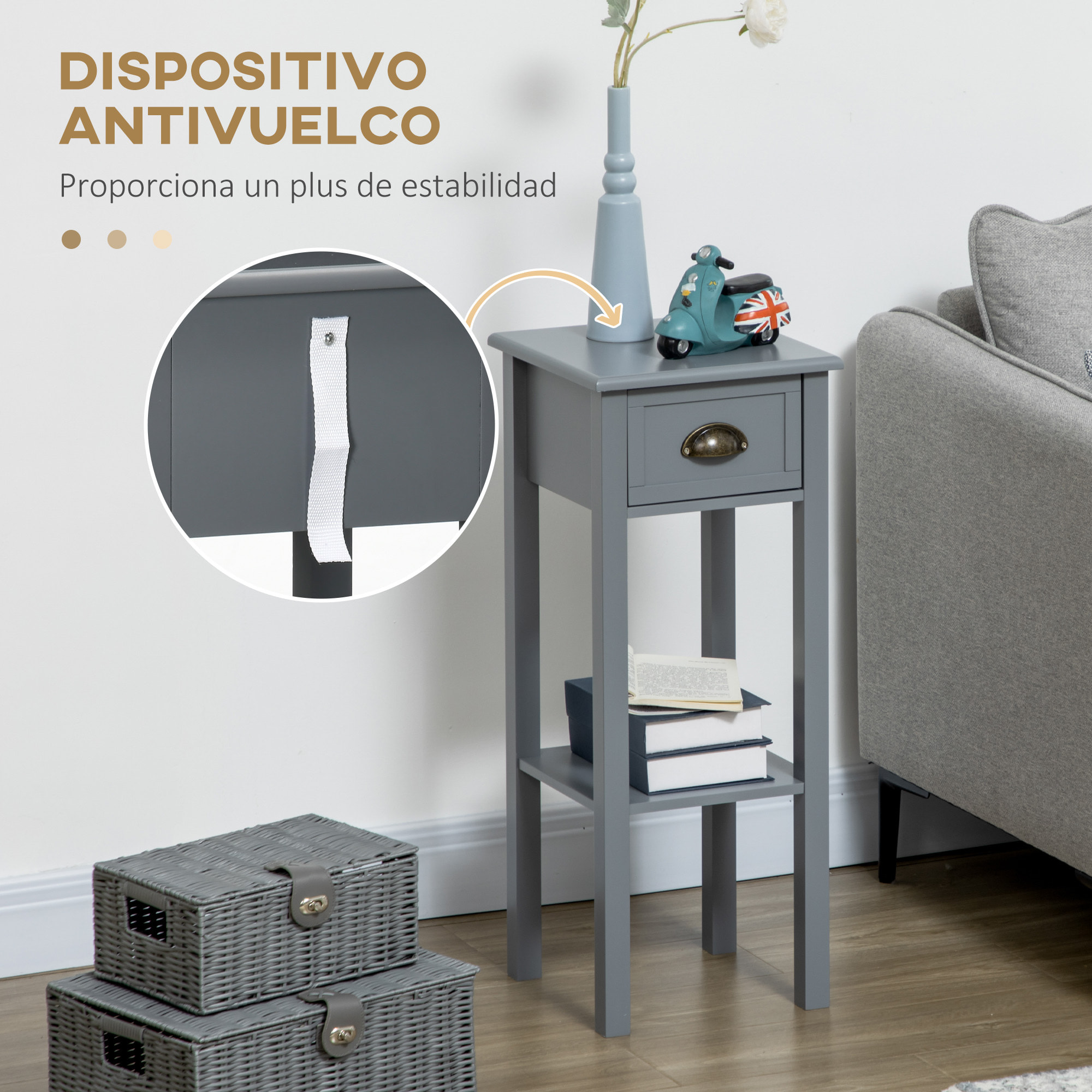 Mesa Auxiliar Estilo Moderno Mesita Auxiliar con Cajón y Estante de Almacenamiento Mesita de Noche para Sala de Estar Dormitorio 30x30x75 cm Gris