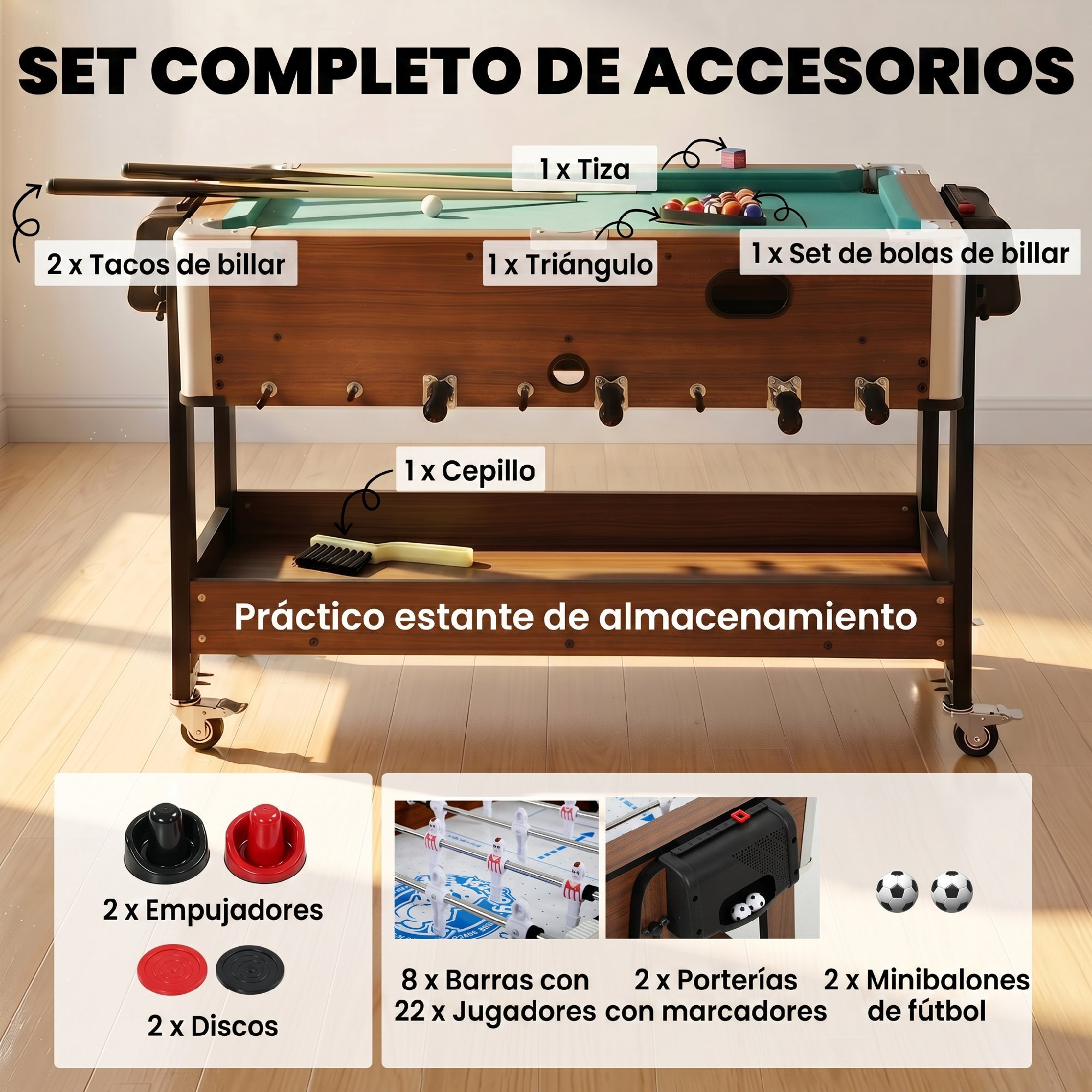 Mesa Multijuegos 3 en 1, Mesa de Juegos con 4 Ruedas con Freno, Estante de Almacenaje, Futbolines para Niños, Air Hockey, Billar y Accesorios, Diversión Familiar para Adultos y Niños, Nogal