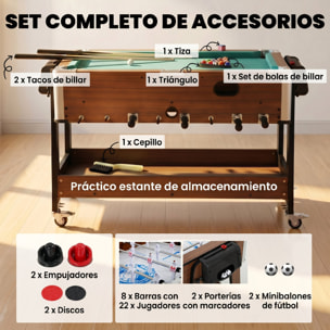 Mesa Multijuegos 3 en 1, Mesa de Juegos con 4 Ruedas con Freno, Estante de Almacenaje, Futbolines para Niños, Air Hockey, Billar y Accesorios, Diversión Familiar para Adultos y Niños, Nogal
