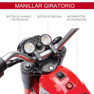 Moto Eléctrica Infantil con 3 Ruedas Triciclo a Batería 6V para Niños de 18-36 Meses con Faro Bocina Velocidad 2 km/h 72x57x56 cm Rojo