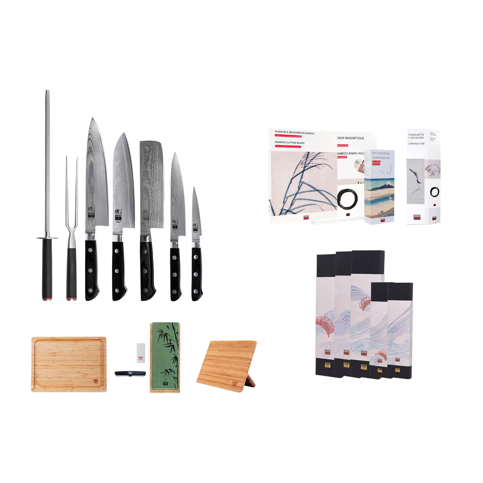 Il Set Deluxe Completo Hashi Damas 10 p: 5 coltelli + supporto magnetico per coltelli + tagliere + set per affilatura grana 180/800 + acciaino + forchetta da taglio