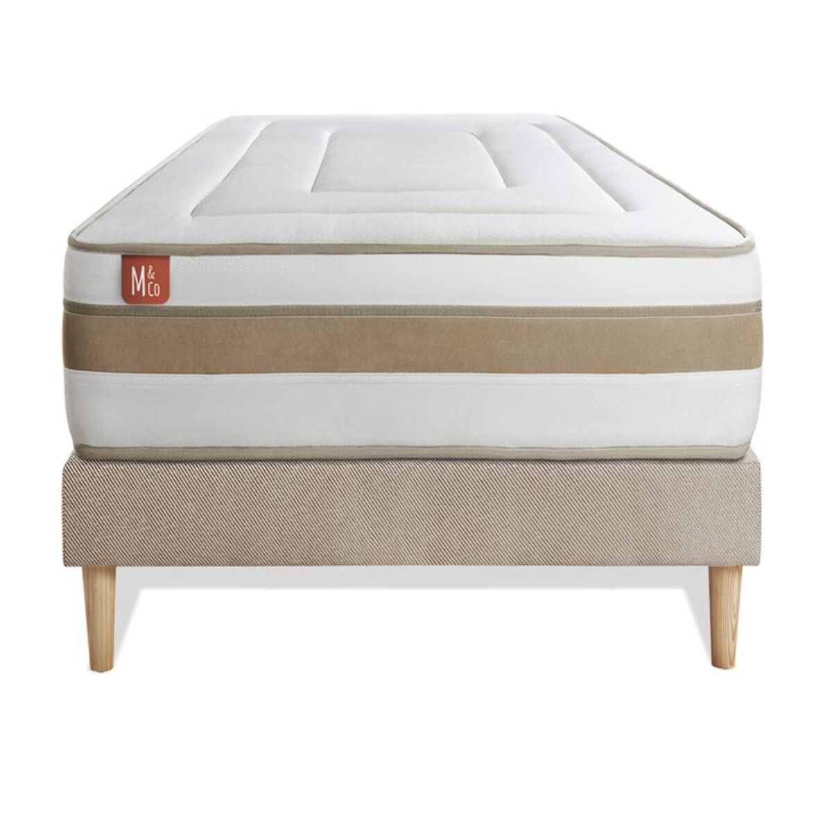 Ensemble Matelas Le Raffiné - 26cm - Ressorts ensachés et mémoire de forme - Confort haut de gamme, impact réduit. - Sommier kit Beige