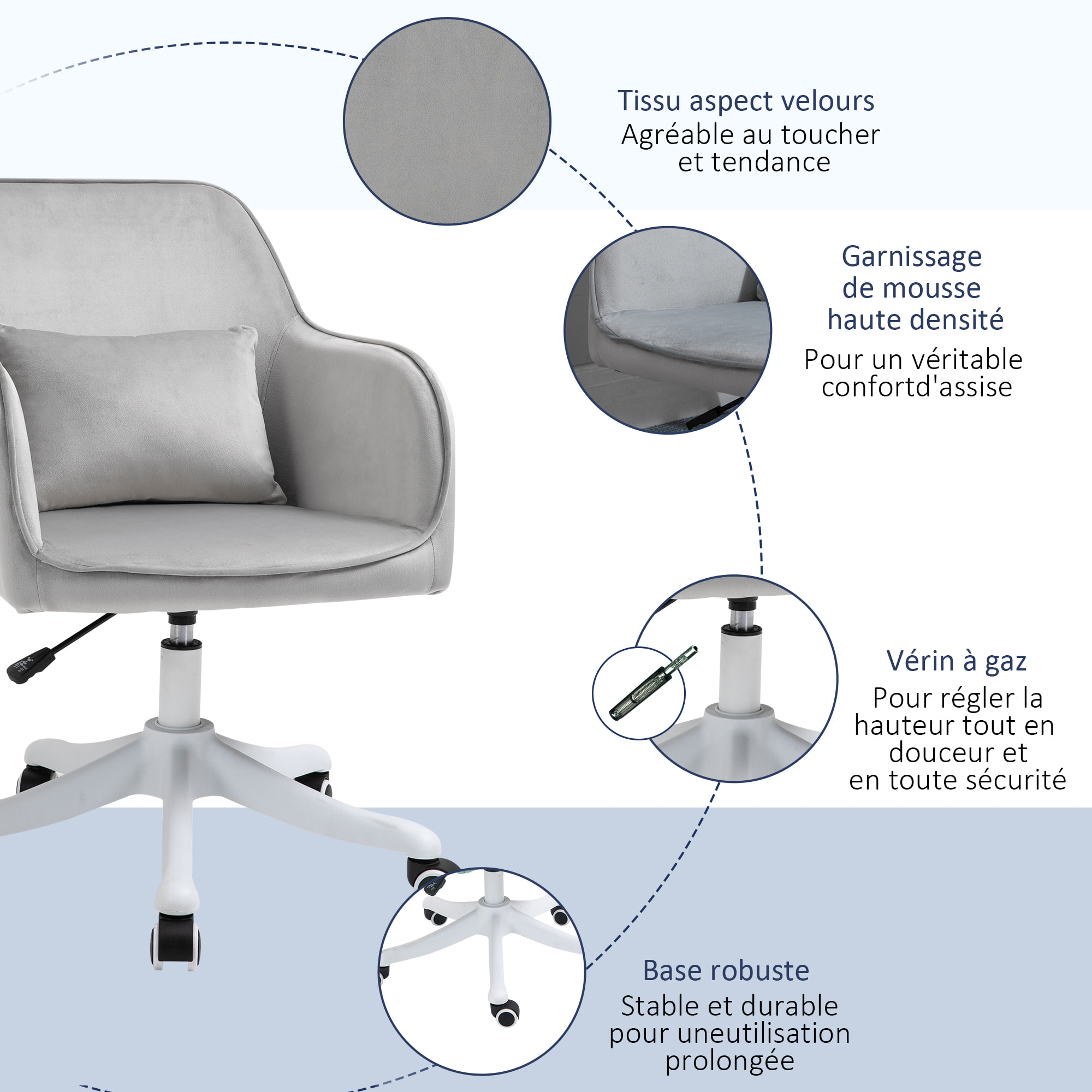 Chaise de bureau velours fauteuil bureau massant coussin lombaire intégré hauteur réglable pivotante 360° gris clair