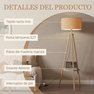 Lámpara de Pie Trípode con Estante Lámpara de Pie Salón con Pantalla de Lino Interruptor de Pie para Sala de Estar Oficina Dormitorio Gris y Natural