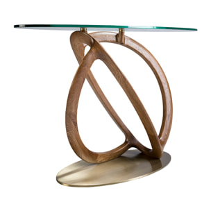 Consola Angel Cerdá ovalada con tapa de cristal templado y patas de madera en nogal 125x45x80cm